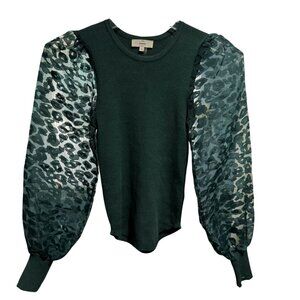Entro Forest Green Mini Rib Stretch Top Sz S Sheer Artsy Long Balloon Sleeves